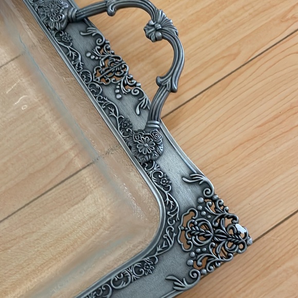 Tuscany brand 13x16 Silver platter tray with decorative handles, glass bottom - Picture 2 of 2